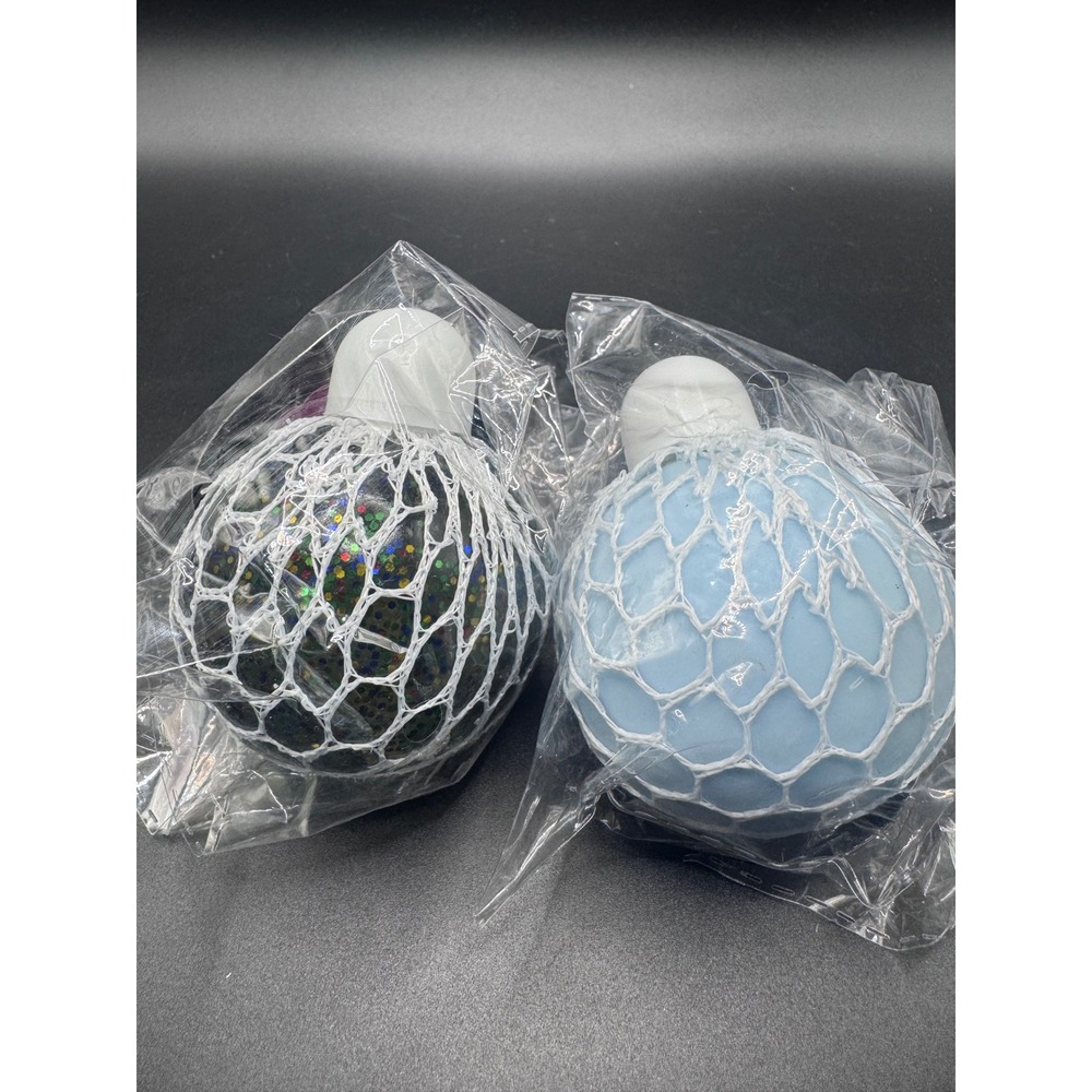 Mesh Squeezeballs Stress Relief Fidget Toy Set of 2 Blue and Glitter Black NWT